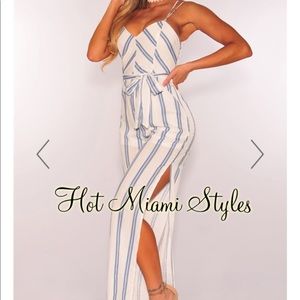 White & Blue Stripe Belted Jumpsuit